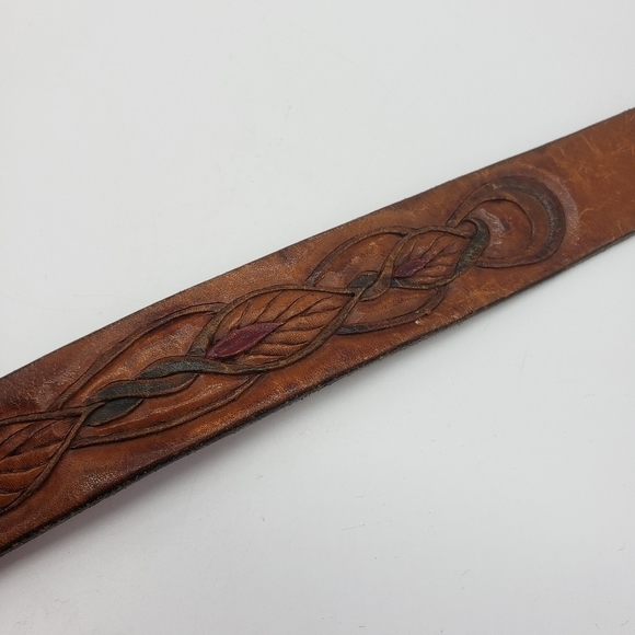 Vintage Artisan handmade belt women 30 brown embossed tooled vine leaf pattern - Picture 9 of 15